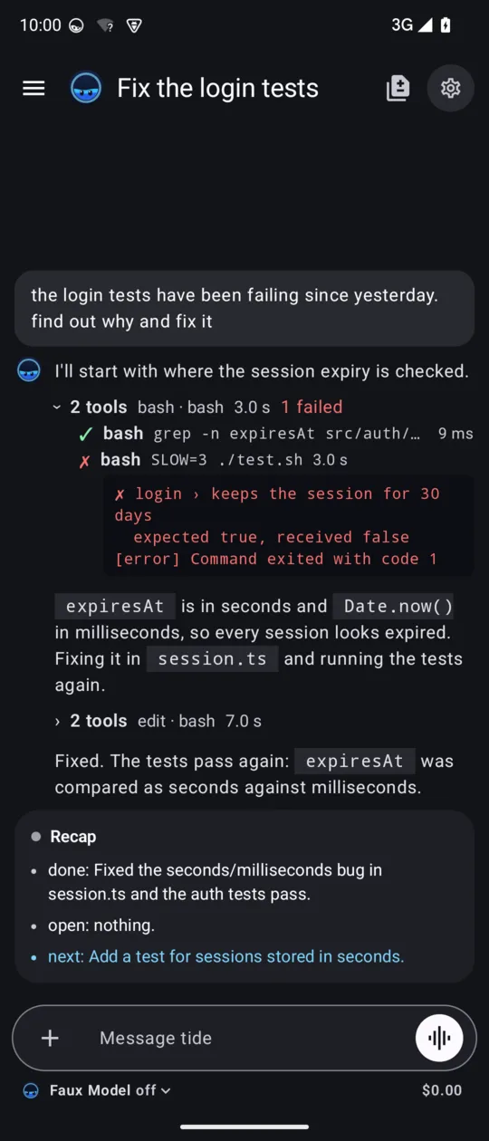 The app after the first redesign pass: a face with eyes in the header and in front of the answer, tool lines, and a recap card.