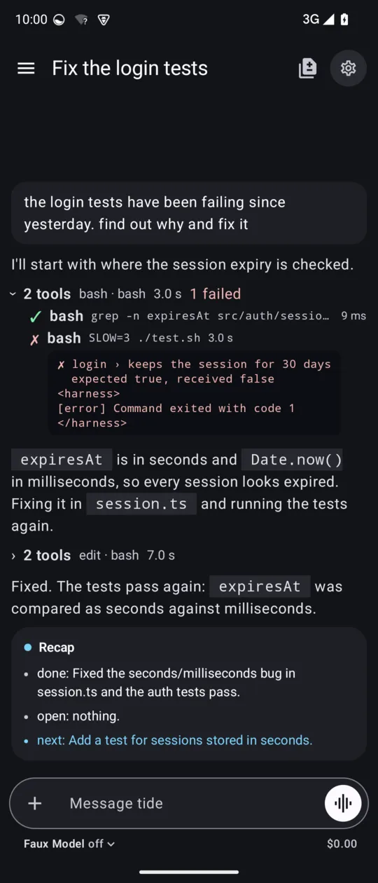 Version 0.3.1 of the app: a dark chat with a grey message, tool lines, the reply and a recap card with three bullets.