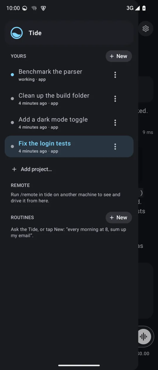 Version 0.3.1 sidebar: four sessions marked with small coloured dots and no state words.