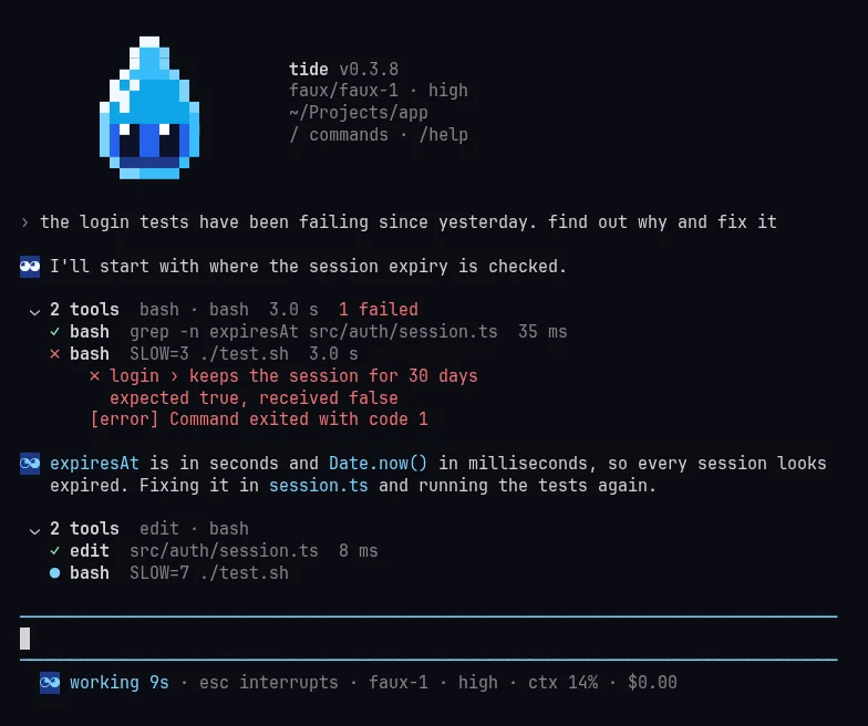 The redesign's first pass while working, under the new water-drop banner: a small face with eyes at the start of each answer and in the status line, tool groups, and the editor between rules.