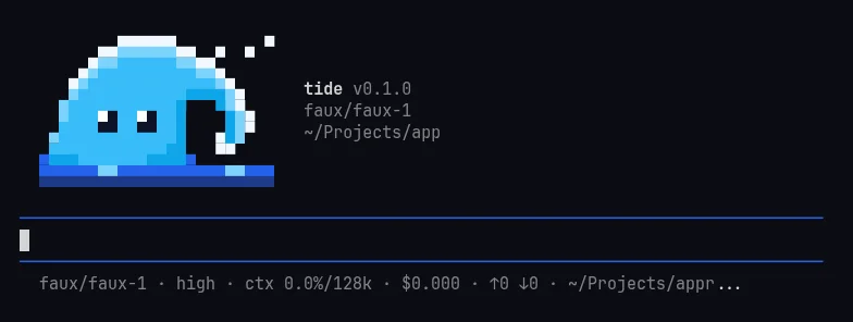 The first banner: a pixel-art blue wave with eyes, the name tide and version 0.1.0, above the editor and a footer with tokens and cache.