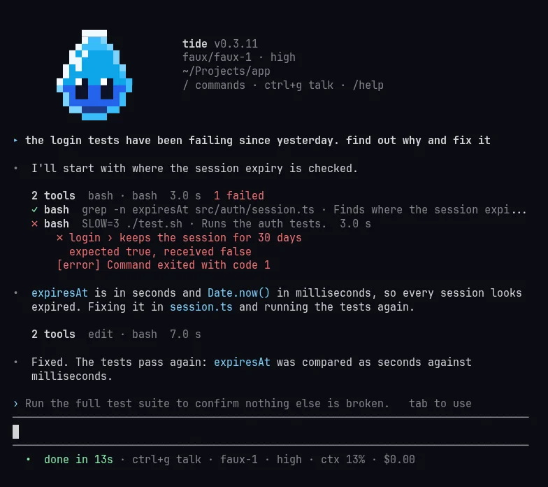 A finished run today, under the water-drop banner: the answer, the next-prompt suggestion in dim text, the editor between grey rules and a status line reading done in 13s in green.