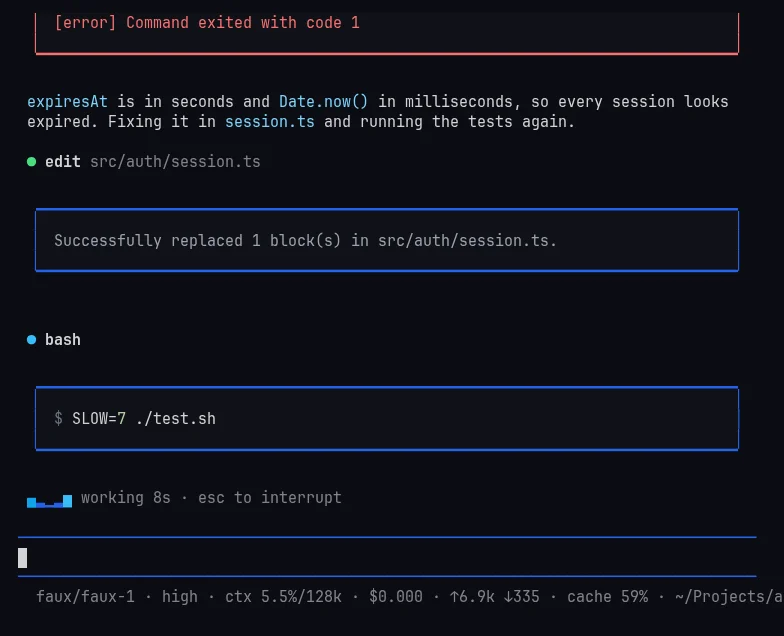 Version 0.1.0 while working: tool calls in plain bordered boxes, a spinner and a footer packed with context, cost, tokens and cache.