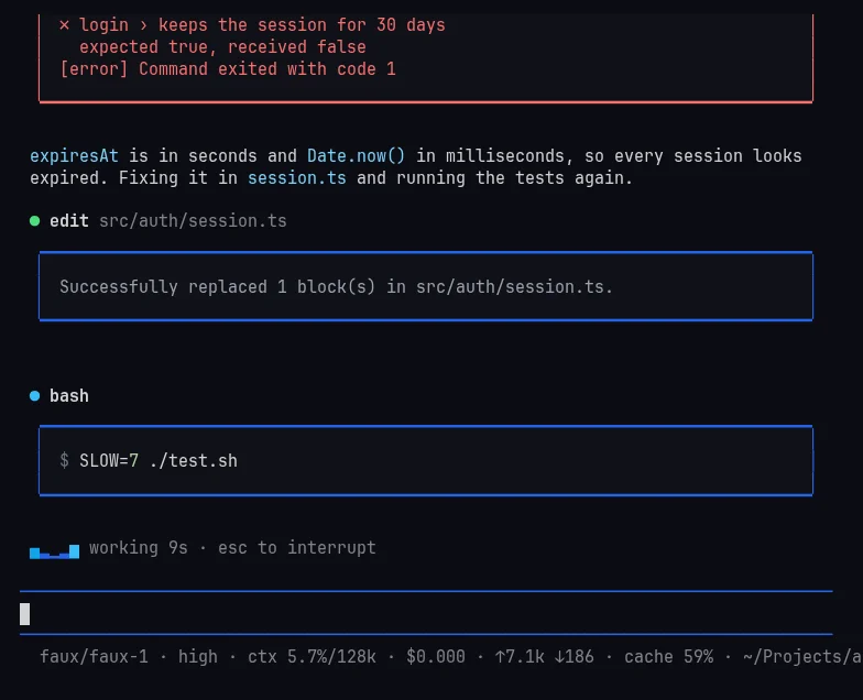 Version 0.2.1 while working: tool calls as blue-framed cards under their titles, a failed one framed in red, and the footer.