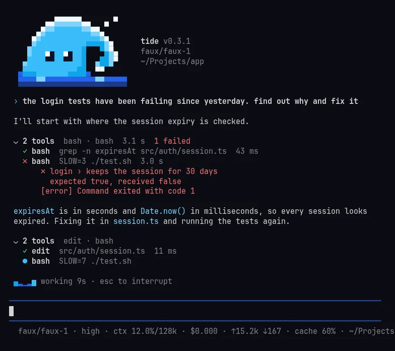 Version 0.3.1 while working: the wave banner, then a group of two tools folded into one line with the failure shown under it, and a swell spinner of block characters.